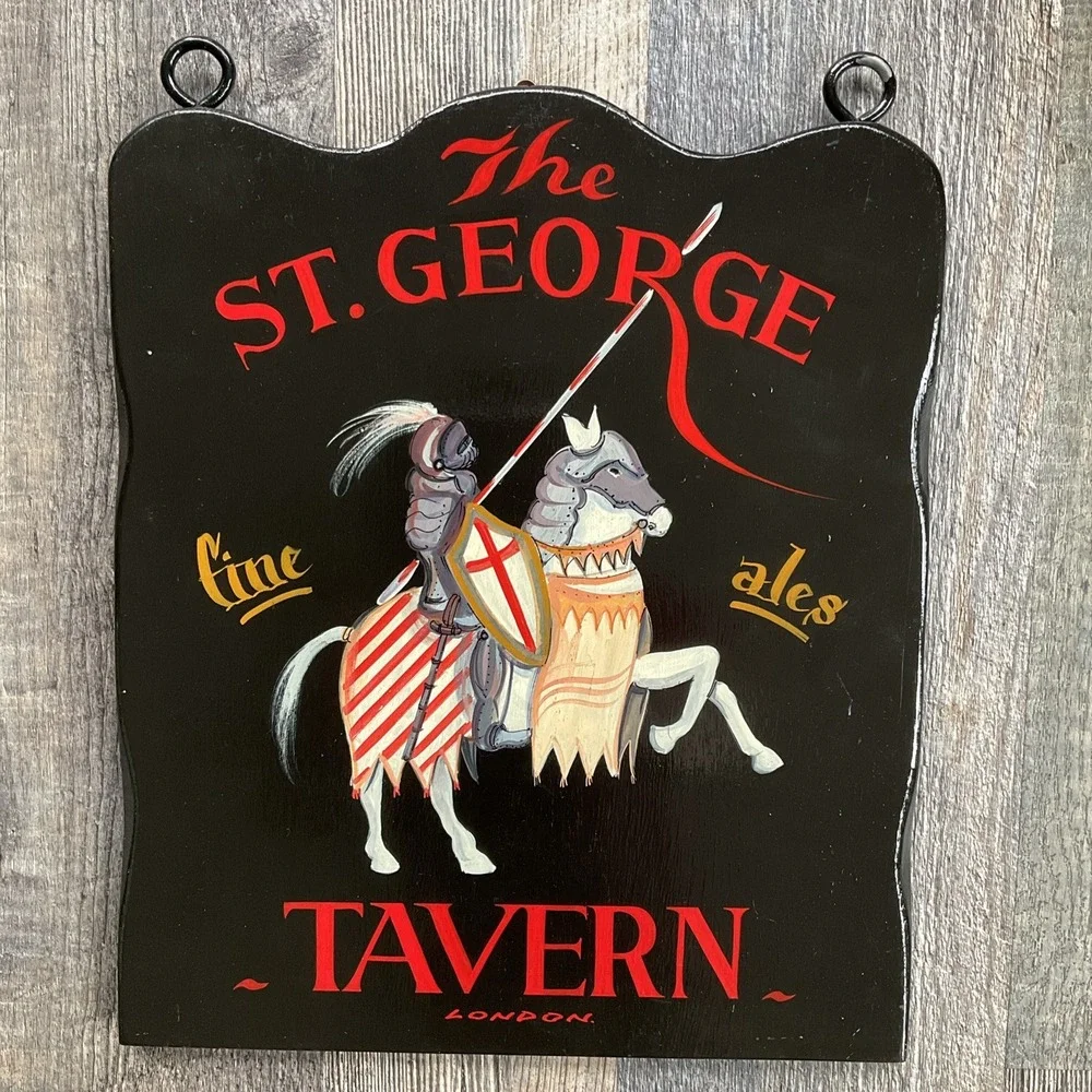 Vintage St. George Tavern British Pub Sign Hand Painted Wood Fine Ales Bar Decor